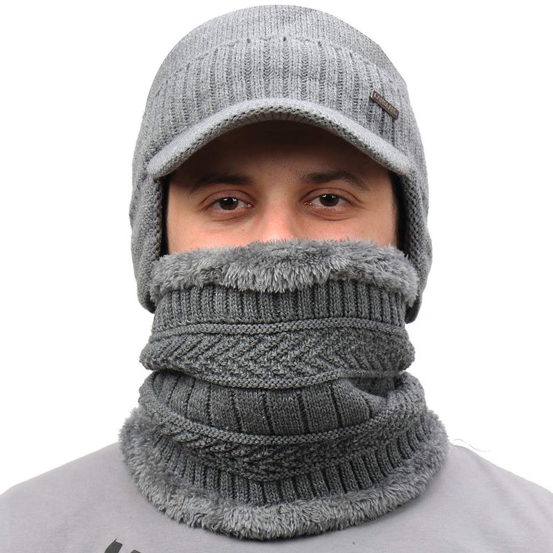 CAMOLAND 30% Wool Winter Beanie w/Visor & Earflaps for Men Outdoor Fleece Hat Scarf Set - Image 2